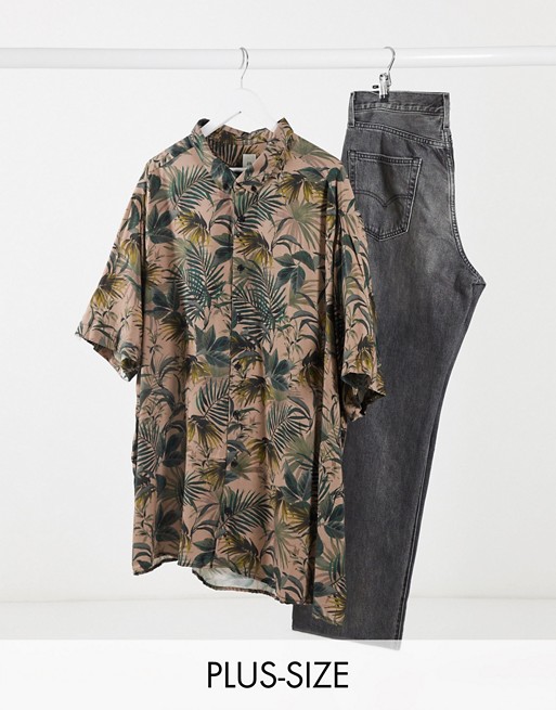 River Island Big & Tall short sleeve shirt with leaf print in khaki