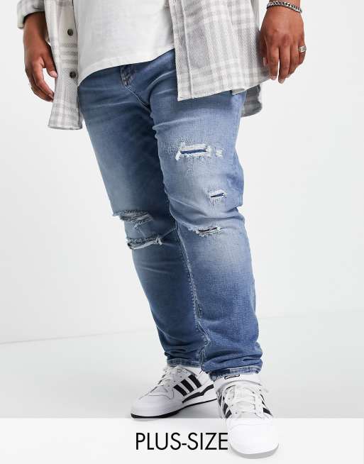 videnskabsmand Ringlet beruset River Island Big & Tall skinny jeans with rips in mid blue | ASOS