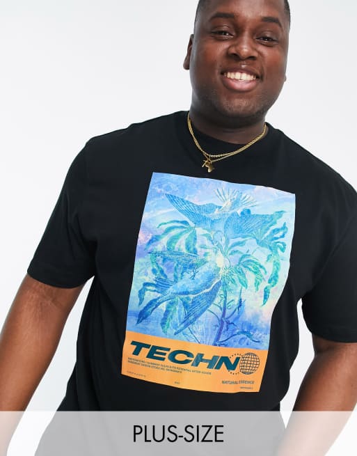 River Island Big & Tall – Svart t-shirt med fyrkantigt Techno-tryck