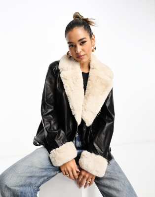 Shop River Island Biker Jacket With Contrast Faux Fur Detail In Black