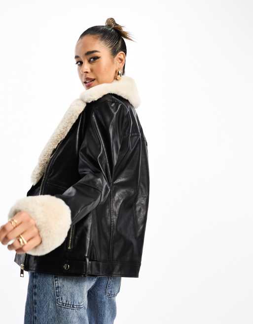 Black contrast faux fur aviator sale jacket