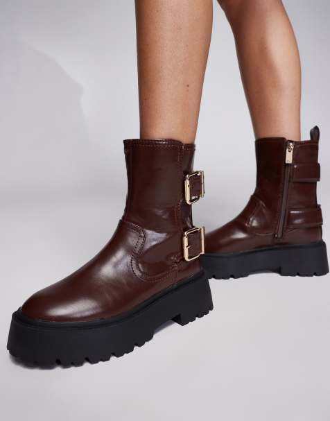 River Island – Biker-Stiefel in Burgunderrot mit dicker Sohle - view 1