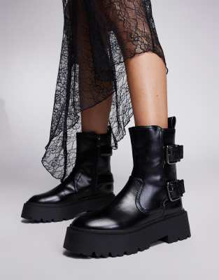 River Island - Biker-Stiefel in Schwarz mit dicker Sohle