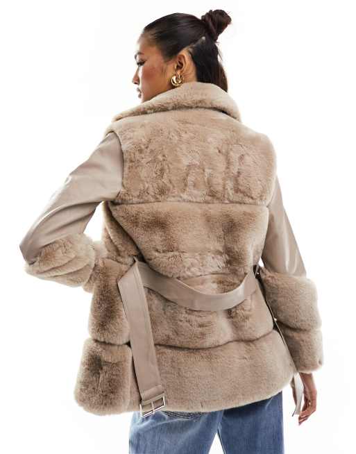 River Island – Bikerjacke in Beige mit Kunstfellbesatz ASOS