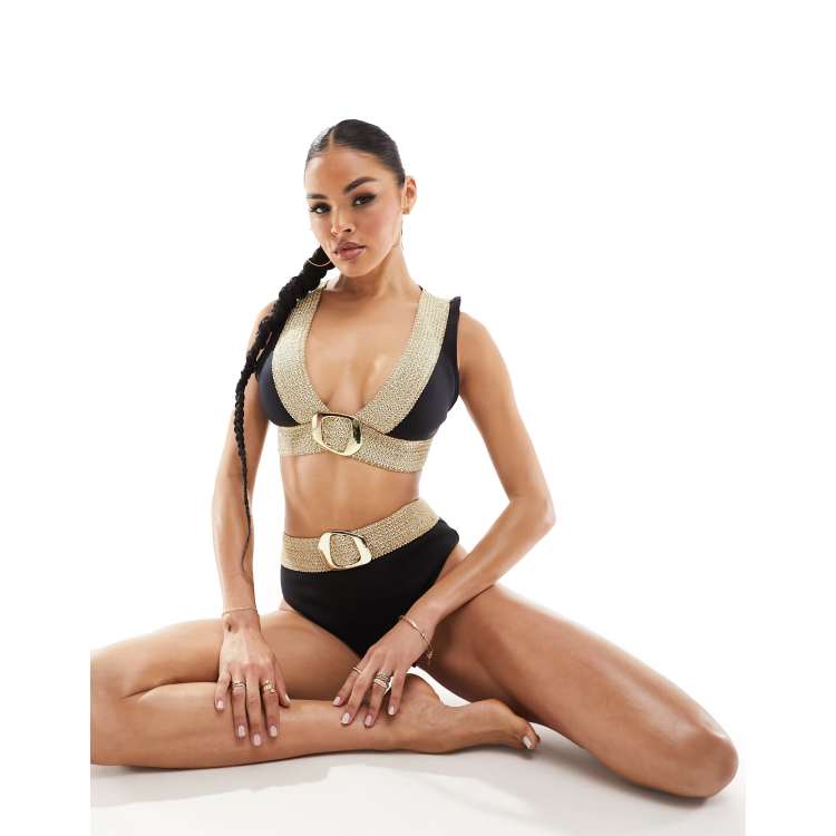 River Island bikini top with buckle detail in gold and black ASOS