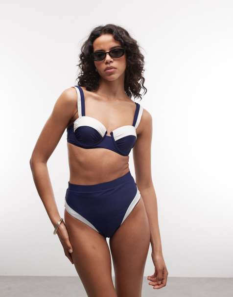 River Island - Bikinibroekje met hoge taille en kleurvlakken in marineblauw - view 1