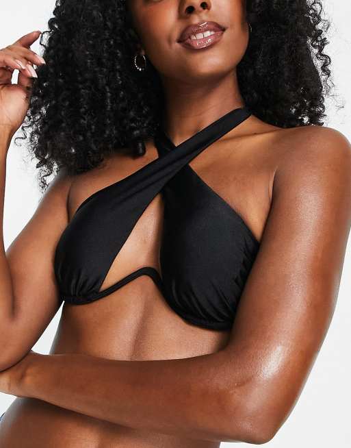 River Island - Bikinitopje met halternek met overslag en beugel in zwart