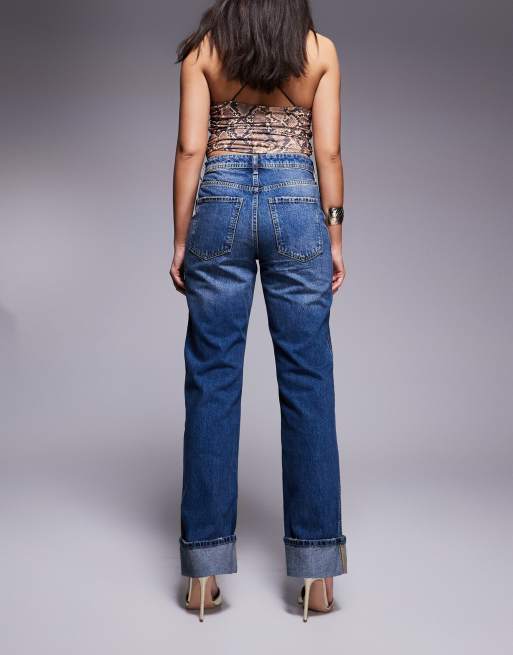 River Island – Blå, raka jeans med uppvikta kanter och mörk tvätt, 2 av 5