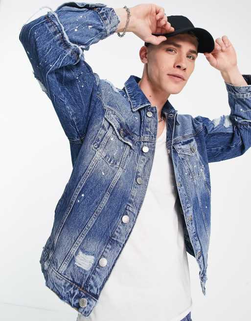 River Island – Blå, schackrutig jeansjacka i oversize
