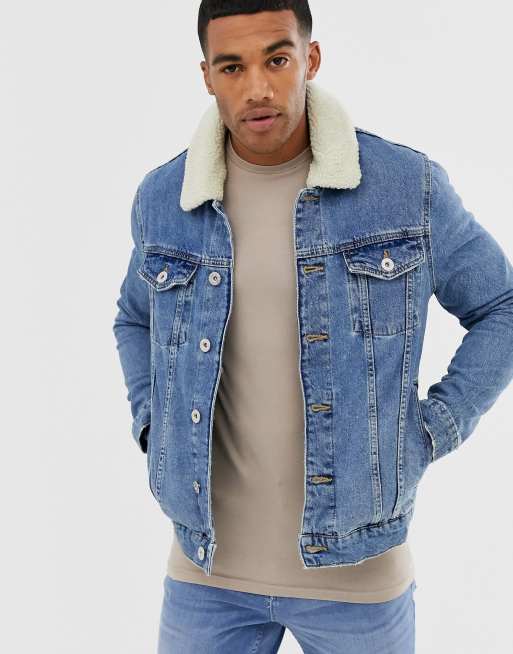 River Island ‒ Blaue Jeansjacke mit Kunstfellfutter