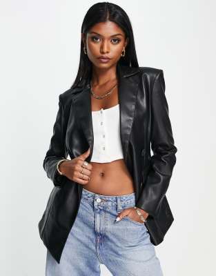 River Island - Blazer cintré à la taille en similicuir - Noir