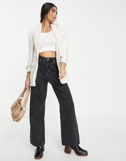 River Island Blazer coupe dad à carreaux pied-de-poule Crème