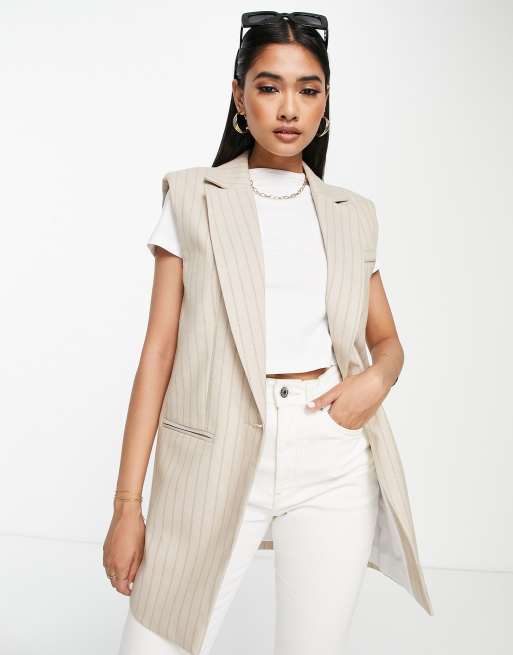 Ensemble Pantalon Et Veste De Blazer Longue Sans Manches Beige