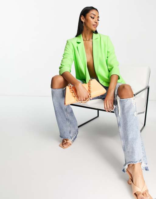 River Island - Blazer doppiopetto verde acceso con maniche arricciate in coordinato, 3 di 4