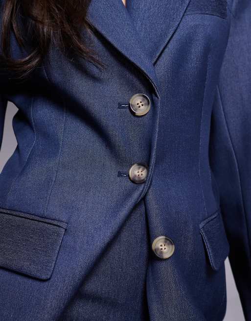 River Island - Blazer in denim premium blu indaco stretto in vita in coordinato, 4 di 4