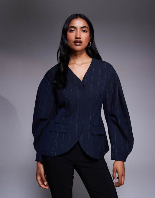River Island - Blazer met krijtstreep en cocoonmouwen in marineblauw