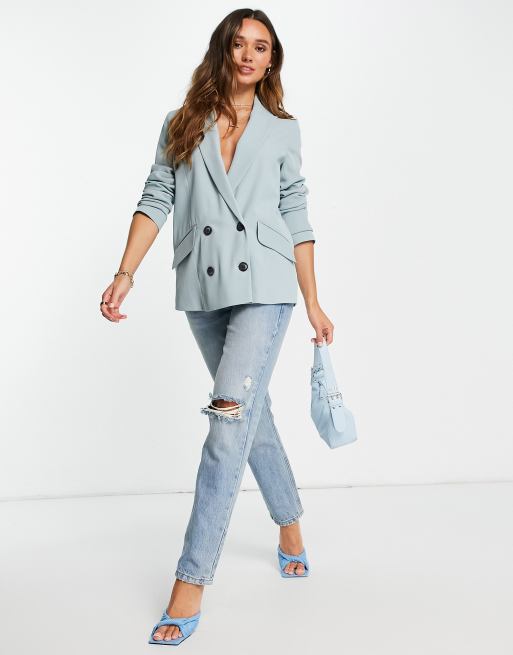 River Island - Blazer strutturato doppiopetto azzurro in coordinato