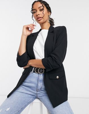 River Island blazer with ruched sleeves in black | ASOS
