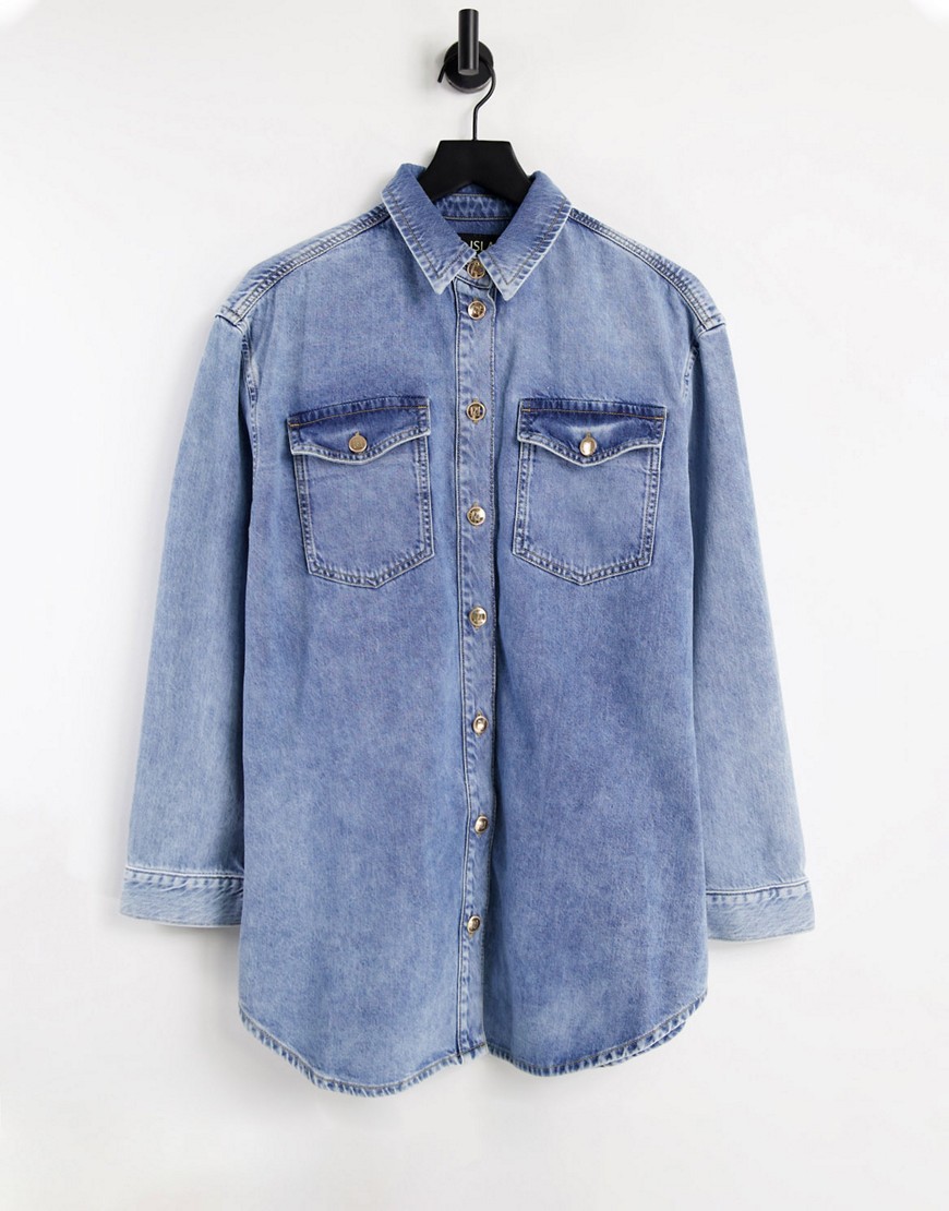 River Island bleached denim overshirt in buzzy blue-Blues