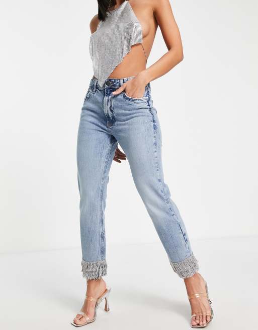 EVERYTIME RHINESTONE EMBELLISHED STRAIGHT LEG JEANS IN MEDIUM BLUE DENIM