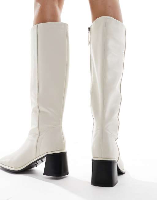 River Island block heel mid high boots in cream ASOS
