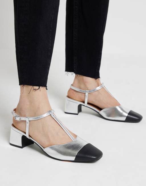 River Island Block heeled court shoes in silver ASOS