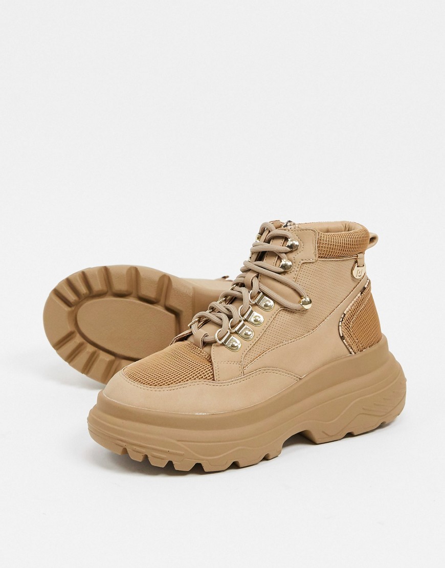 River Island blocked suedette chunky hiker boot in beige-Neutral