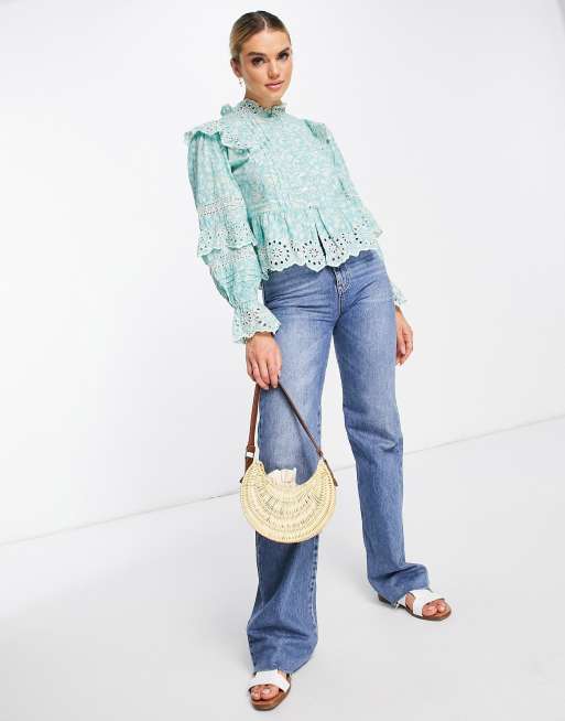 River Island - Blouse avec col à volants et imprimé fleuri - Bleu, 4 de 4