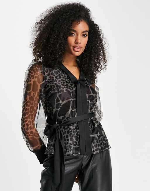River Island - Blouse en organza nouée à la taille à imprimé léopard - Noir