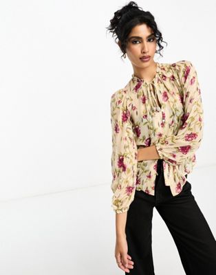 River Island printed ruffle blouse in beige - ASOS Price Checker