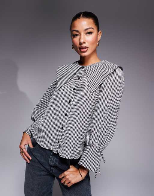 River Island - Blouse met grote kraag en ginghamruit in zwart