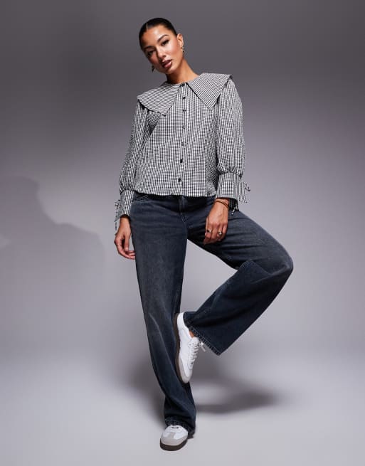 River Island - Blouse met grote kraag en ginghamruit in zwart, 2 van 4