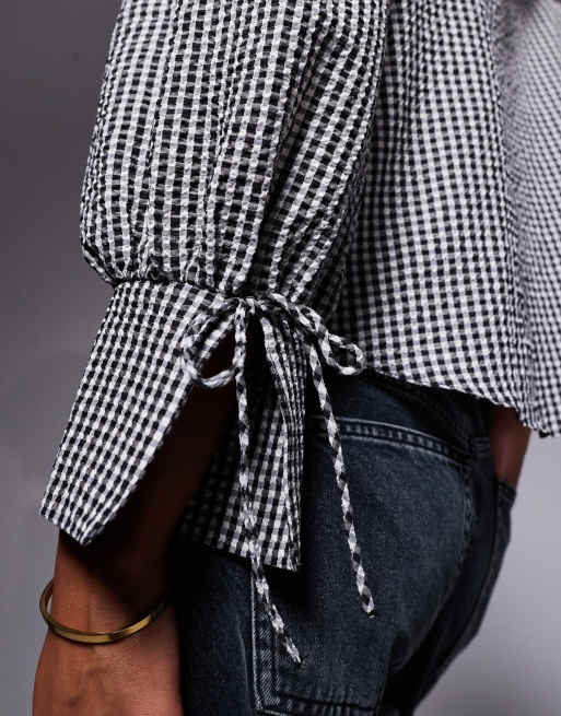 River Island - Blouse met grote kraag en ginghamruit in zwart, 3 van 4
