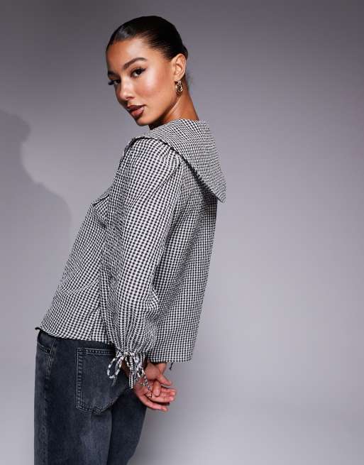 River Island - Blouse met grote kraag en ginghamruit in zwart, 4 van 4