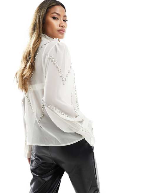 River Island - Blouse met ruches en geborduurd detail in wit, 4 van 4