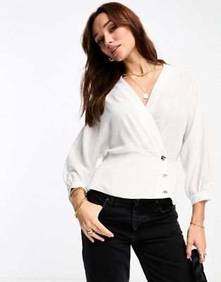River Island tux style wrap blouse in white - ASOS Price Checker