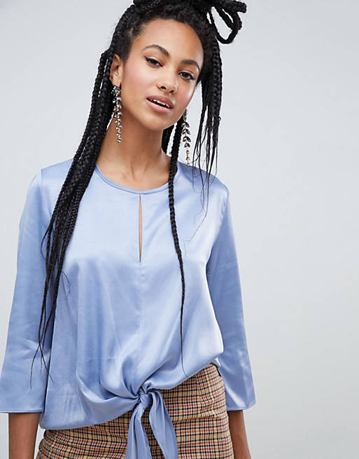 River Island blouse with tie front in blue | ASOS