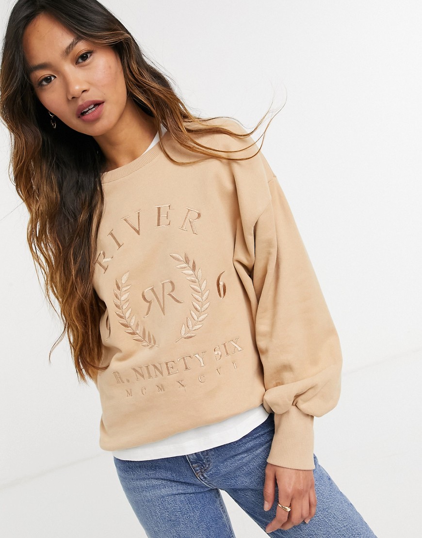 River Island blouson sleeve embroidered sweatshirt in camel-Brown