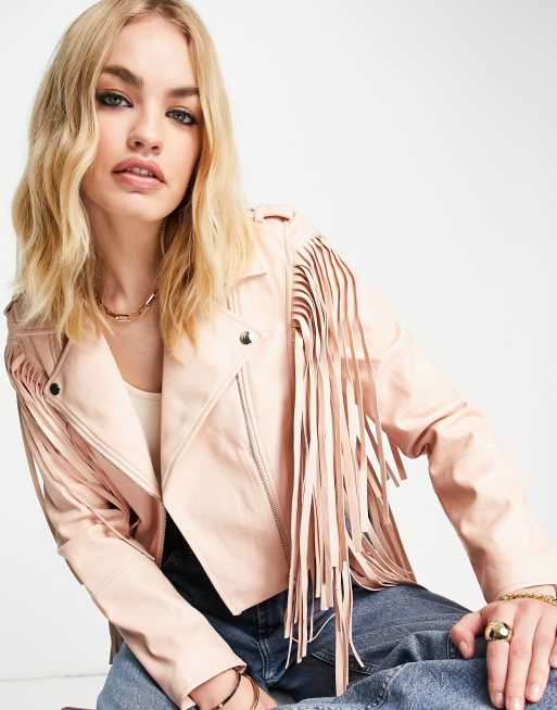River Island - Blouson style motard court à franges - Rose vif, 3 de 4