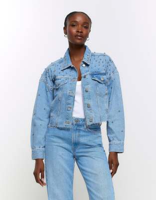 River Island Blue embellished crop jacket in denim - light - ASOS Price Checker