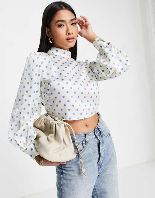 River Island - Blusa accollata a pois con allacciatura sul retro, colore blu