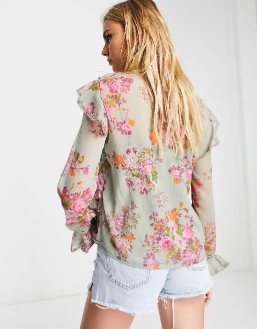 River Island - Blusa verde a fiori con volant, 3 di 4
