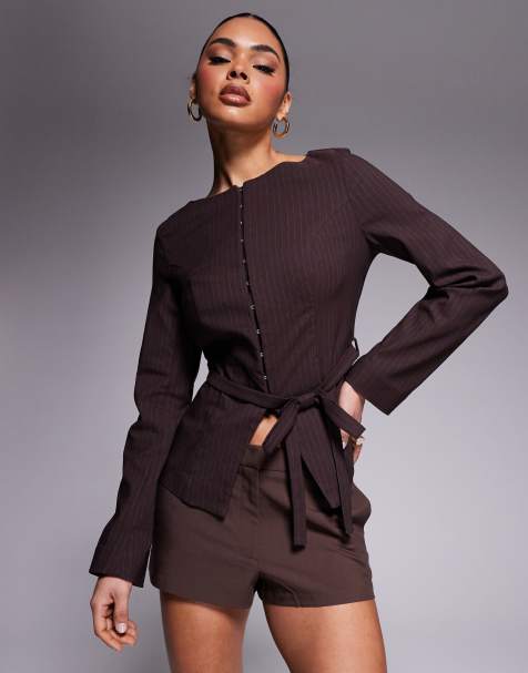 River Island boat neck belted top in brown - view 1