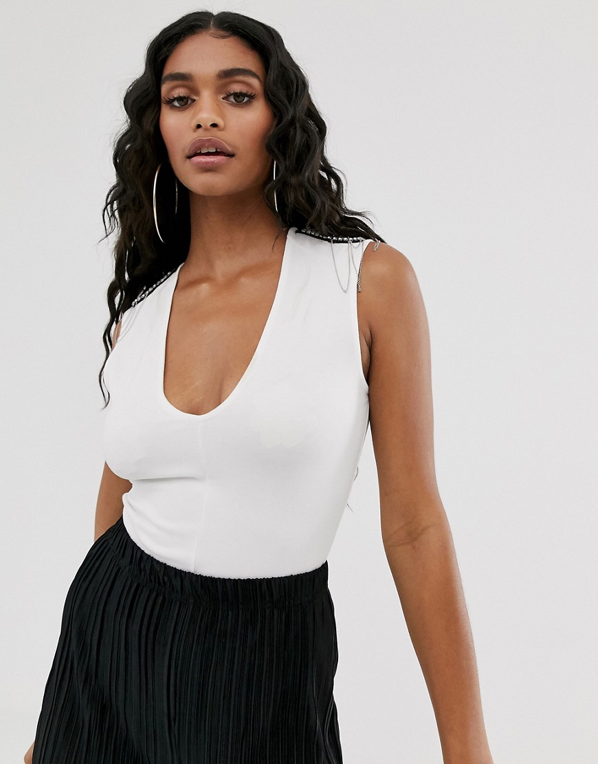 River Island body with embellished shoulders in white