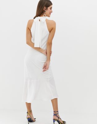 river island bodycon dress with tie neck in white