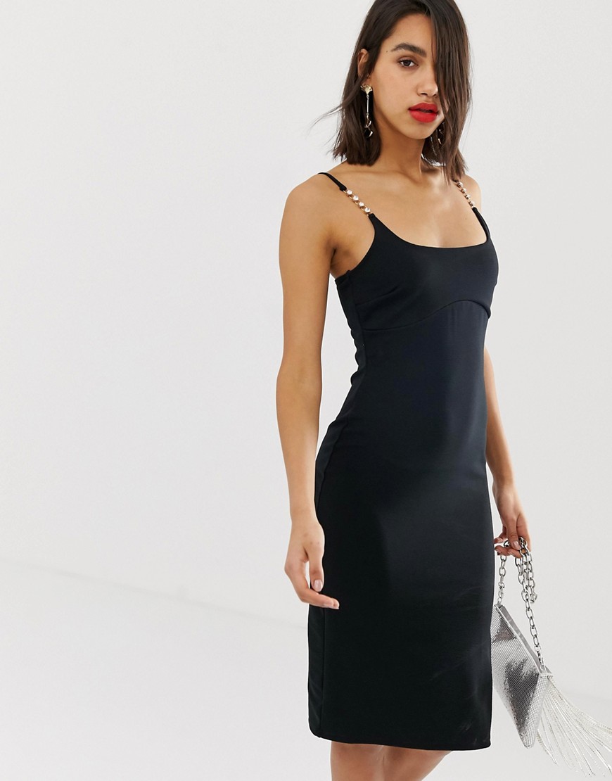 River Island bodycon midi dress with embellished straps in black