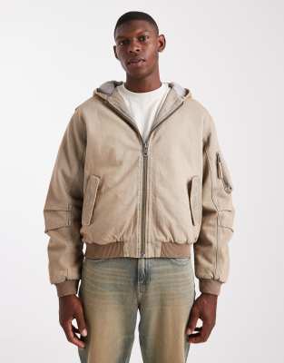 River Island - Bomber en jean à capuche - Gris désert délavé