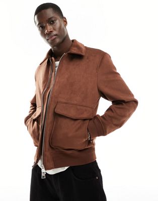 River Island suedette bomber jacket in brown - ASOS Price Checker