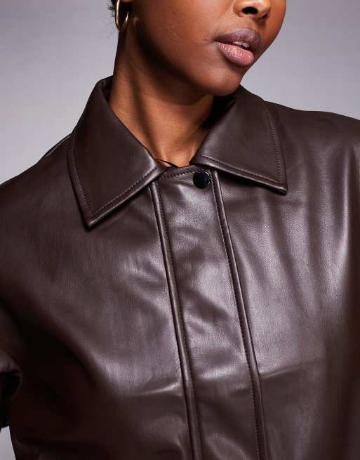 River Island - Bomber in pelle sintetica color marrone scuro con colletto, 2 di 4