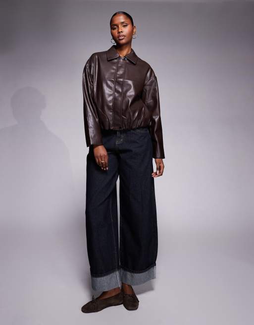 River Island - Bomber in pelle sintetica color marrone scuro con colletto, 4 di 4
